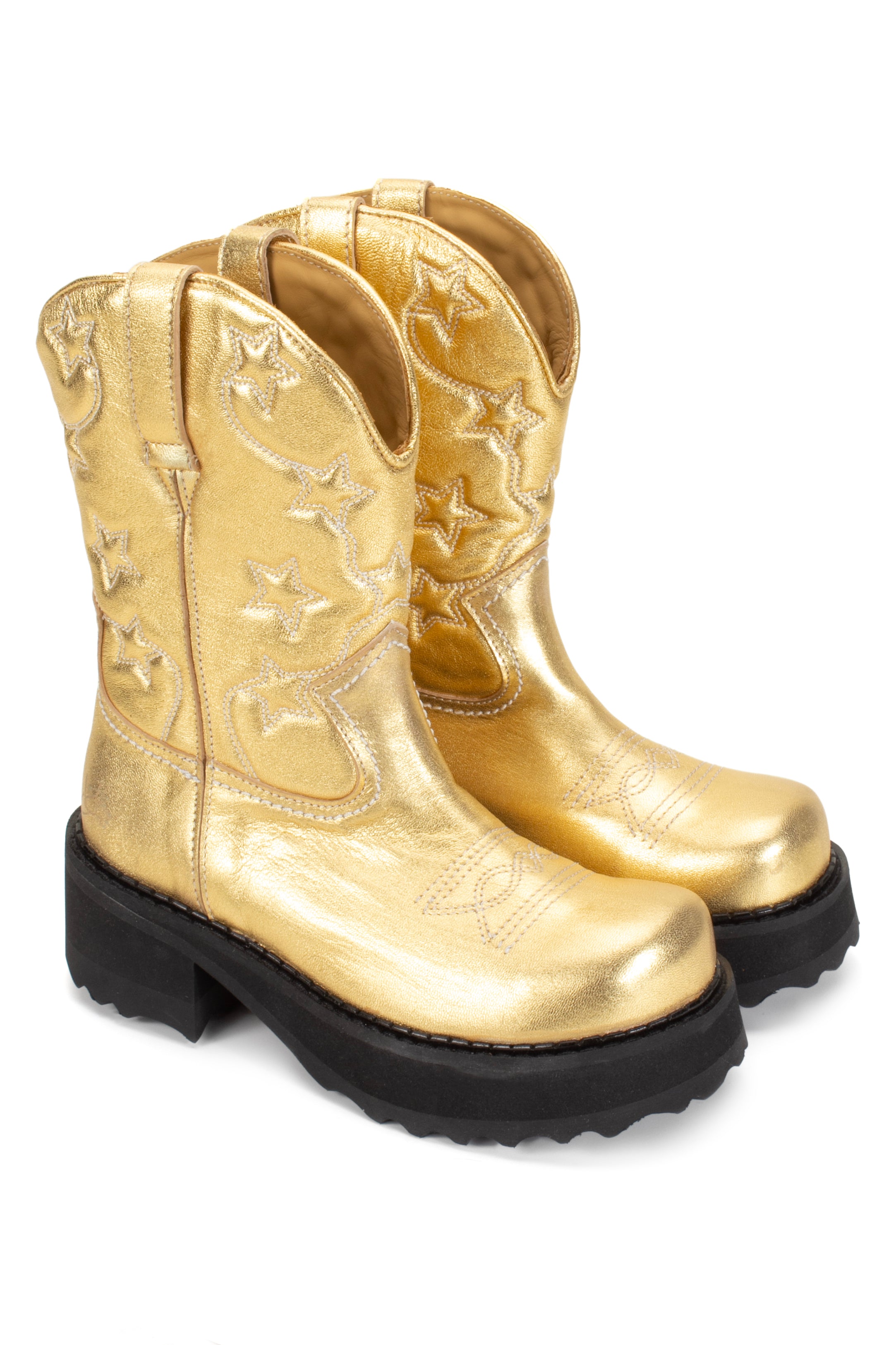 The Anna Sui x John Fluevog Ankle Cowboy Boot, are a pair of gold cowboy-style boots with a high black sole