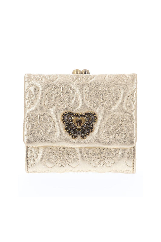 Small Wallet, Butterfly embossed beige leather, Anna Sui signature butterfly hardware on flap