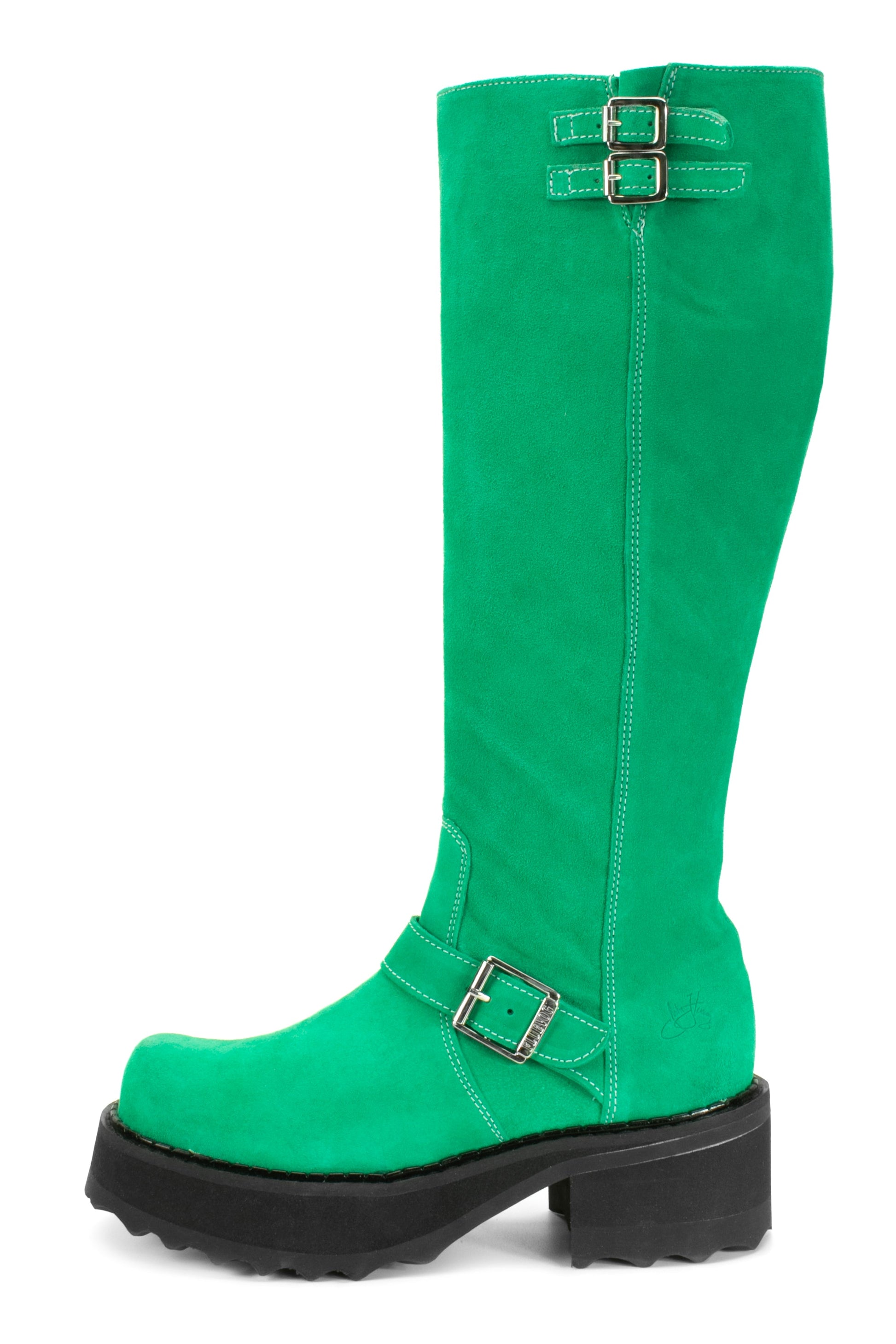 Green suede Boot, under-the-knee-high, black high sole, green stiches for highlight