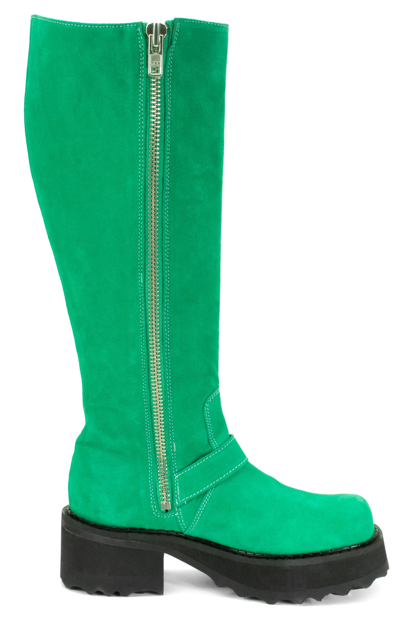 A large zipper inside the boots from top to bottom with green stitches start from the top