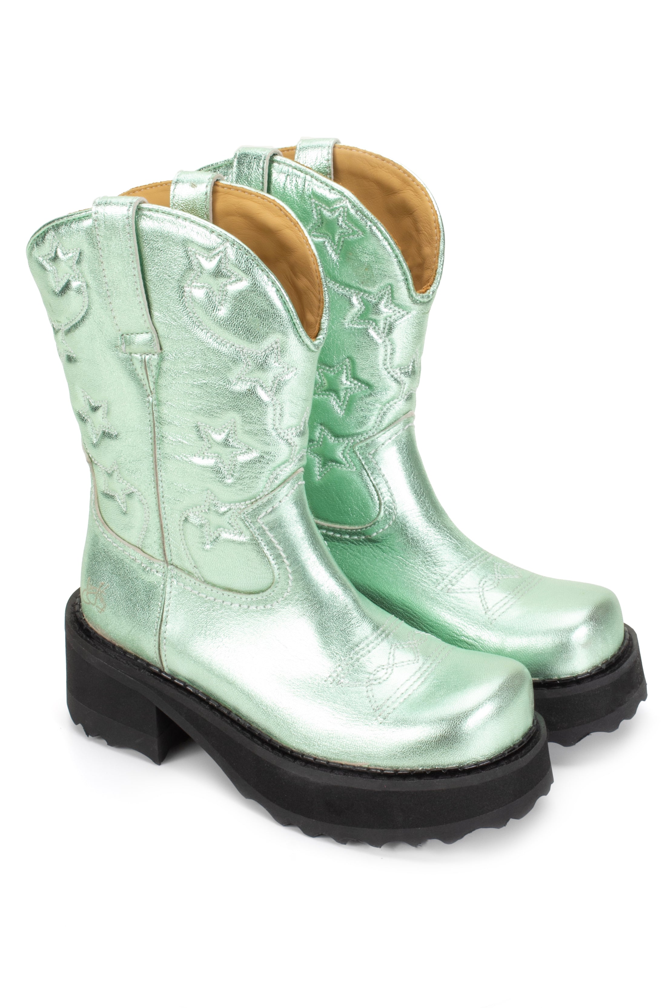 The Anna Sui x John Fluevog Ankle Cowboy Boot, are a pair of peppermint-colored cowboy-style boots with a high black sole