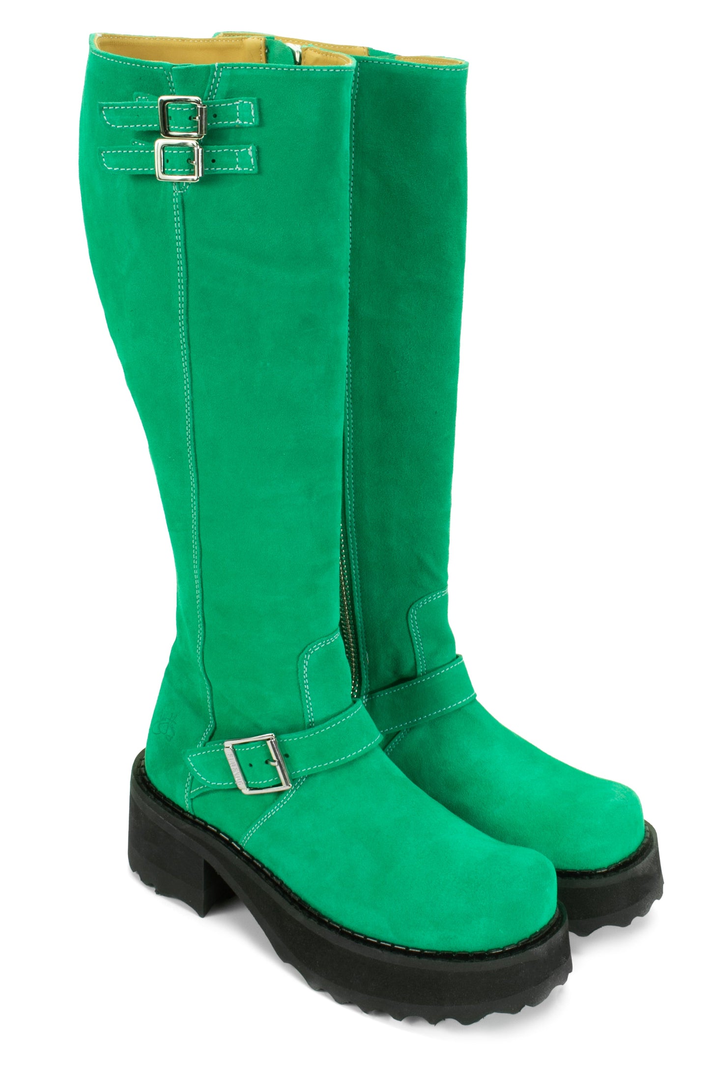 Green suede Boot, under-the-knee, 2 buckles at top, 1 on foot with large belt, high heel 