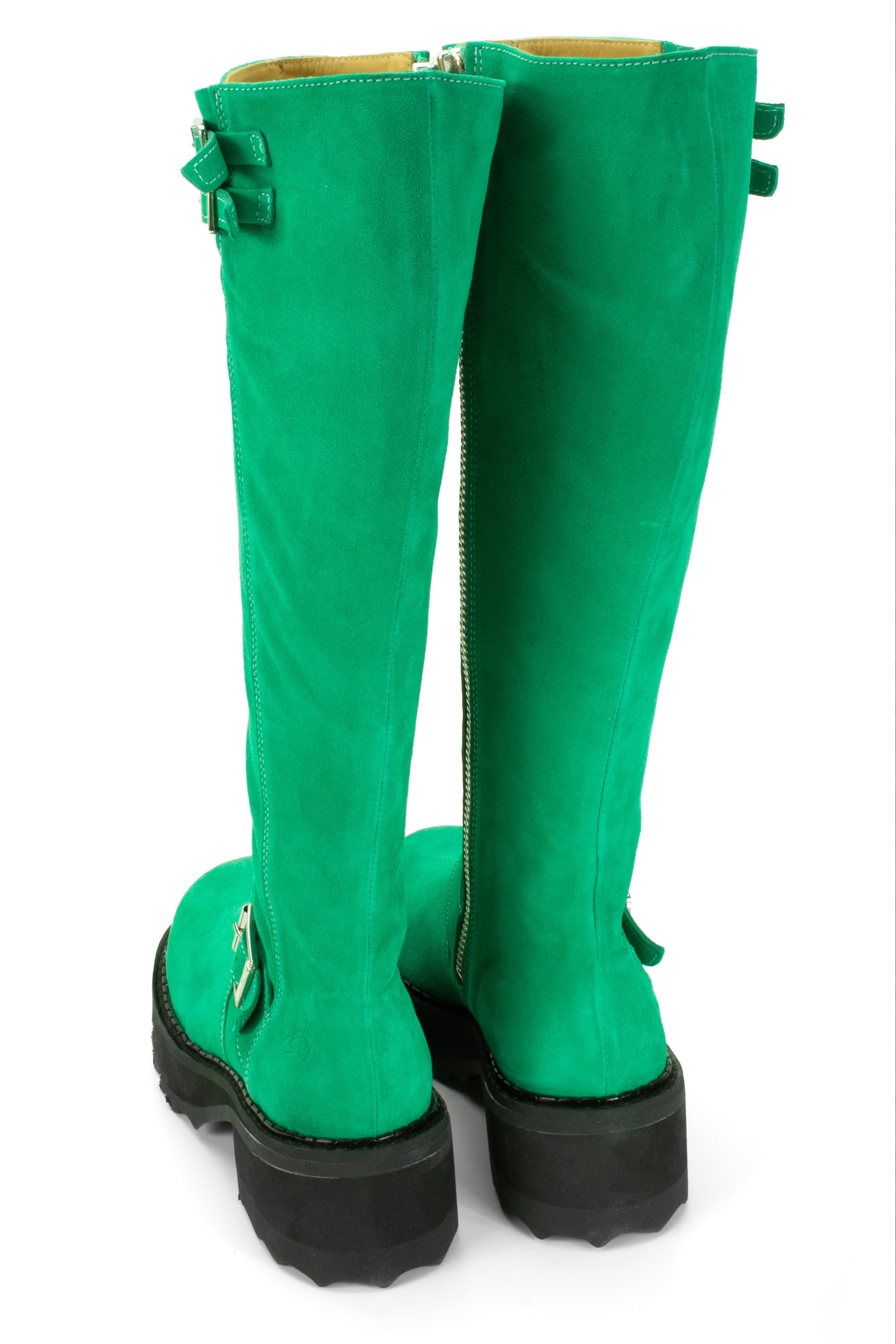 Green suede boot, 2 buckles at top, 1 on foot with large belt, heel height of 1.5"
