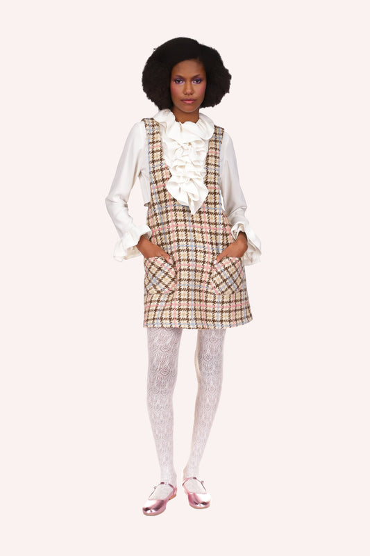 Houndstooth Plaid Jumper Chocolate, mini dress, 2-front pocket, 2-large straps over the shoulders  