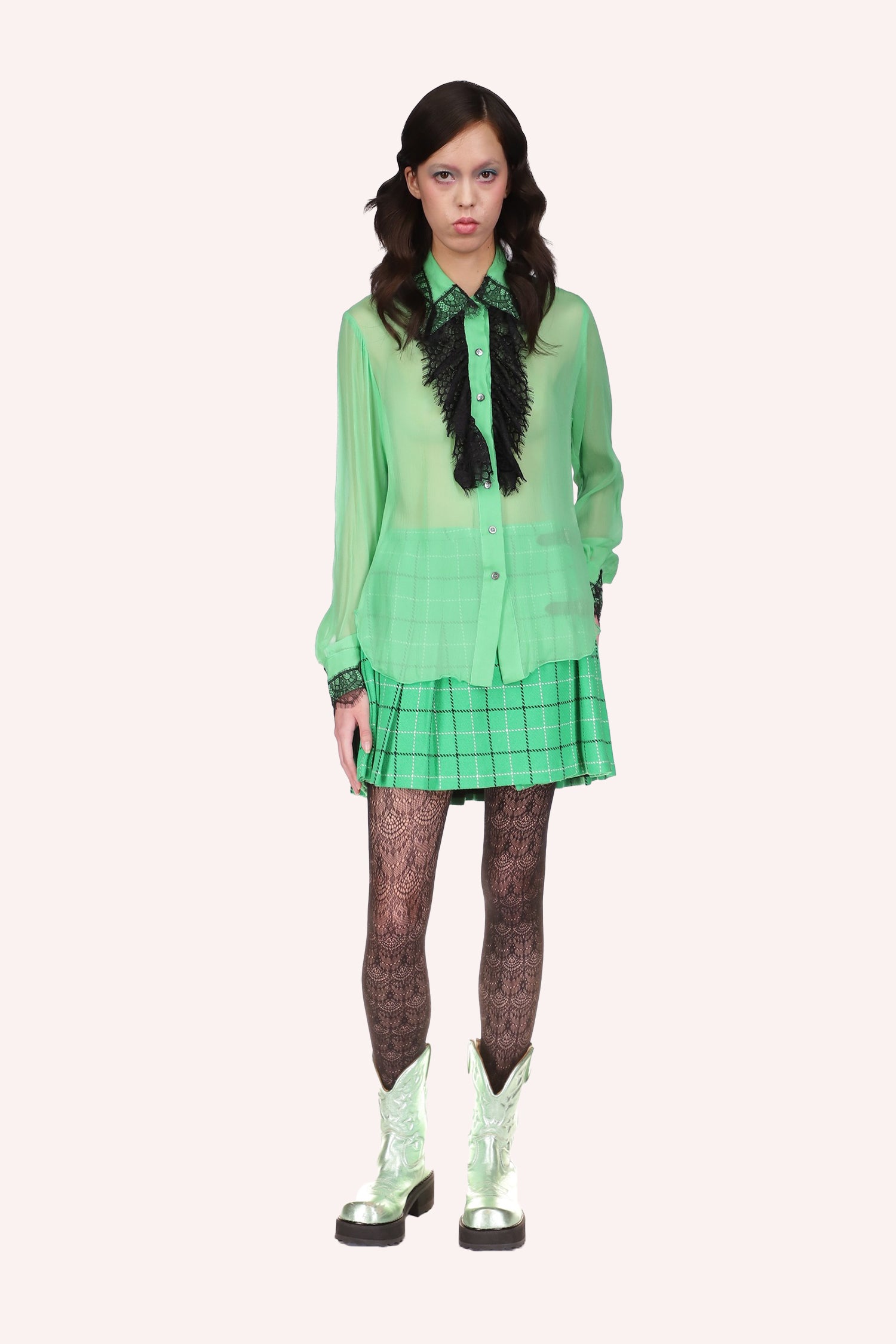 Lingerie Chiffon Ruffle Blouse Peppermint, match with the Anna Sui windowpane skirt and the black boa