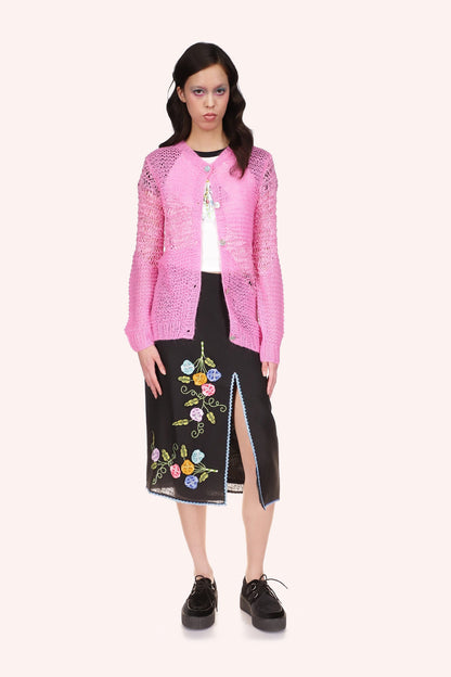 The Mohair Tape Yarn Knit Cardigan can be worn with a dress or skirt for a more put-together look