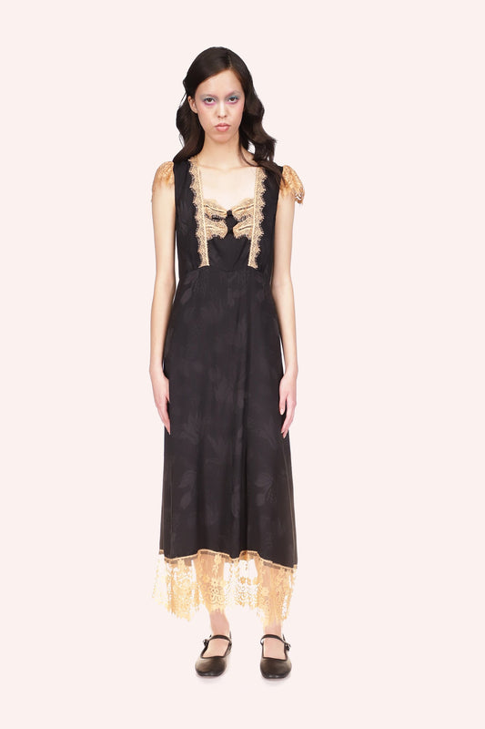 Floral Jacquard Dress Black, long dress, sleeveless, deep squared-cut collar, beige lace at all hems