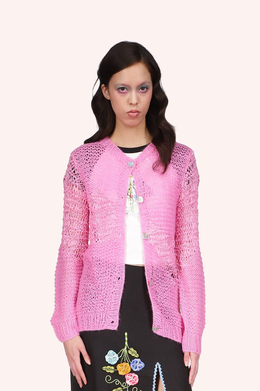 Mohair Tape Yarn Knit Cardigan pink, under hips long, long sleeves, 5-buttons, round collar