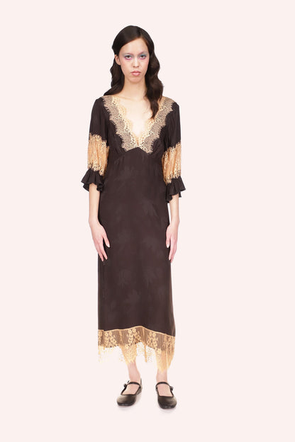 Long Sleeve Dress Black, long dress, elbow long sleeves, deep V-cut collar, beige lace at all hems