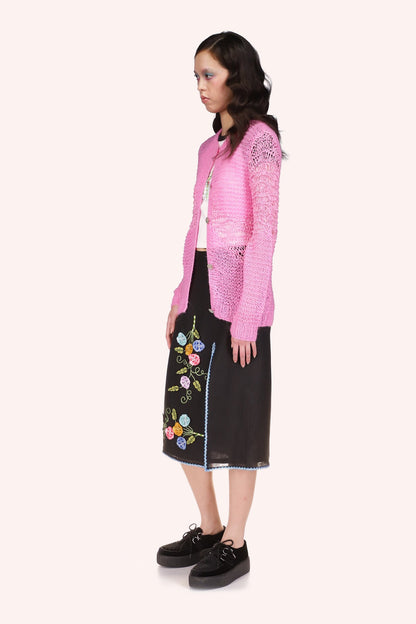 Mohair Tape Yarn Knit Pink Cardigan, open-weave effect that is both stylish and comfortable