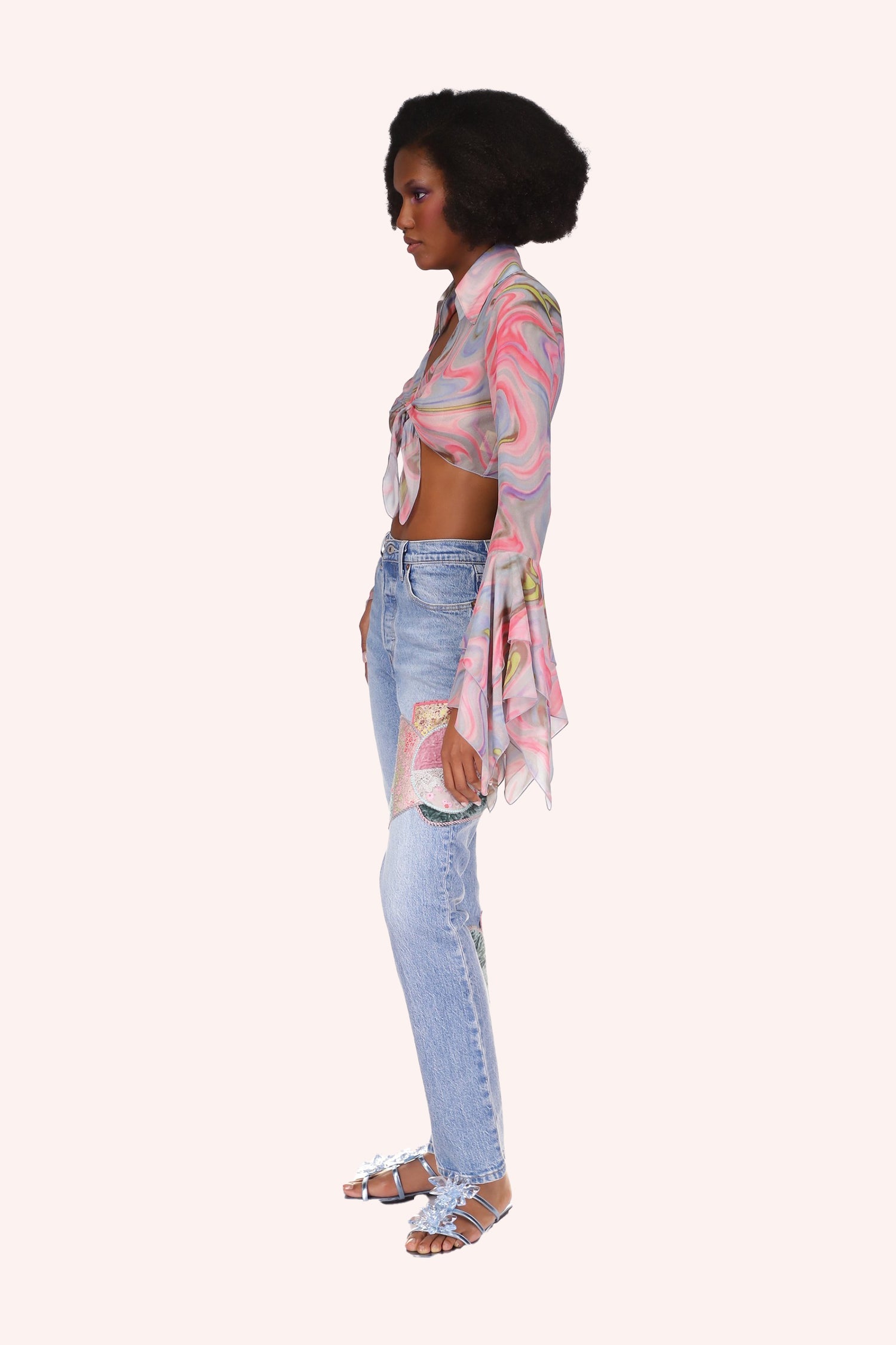 Chiffon Tie Top Rainbow, tied at bust, revealing the abdomen, V-shaped collar, long sleeves