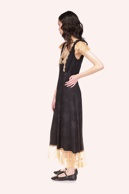 Floral Jacquard Dress Black, long dress, sleeveless, deep squared-cut collar, beige lace at all hems