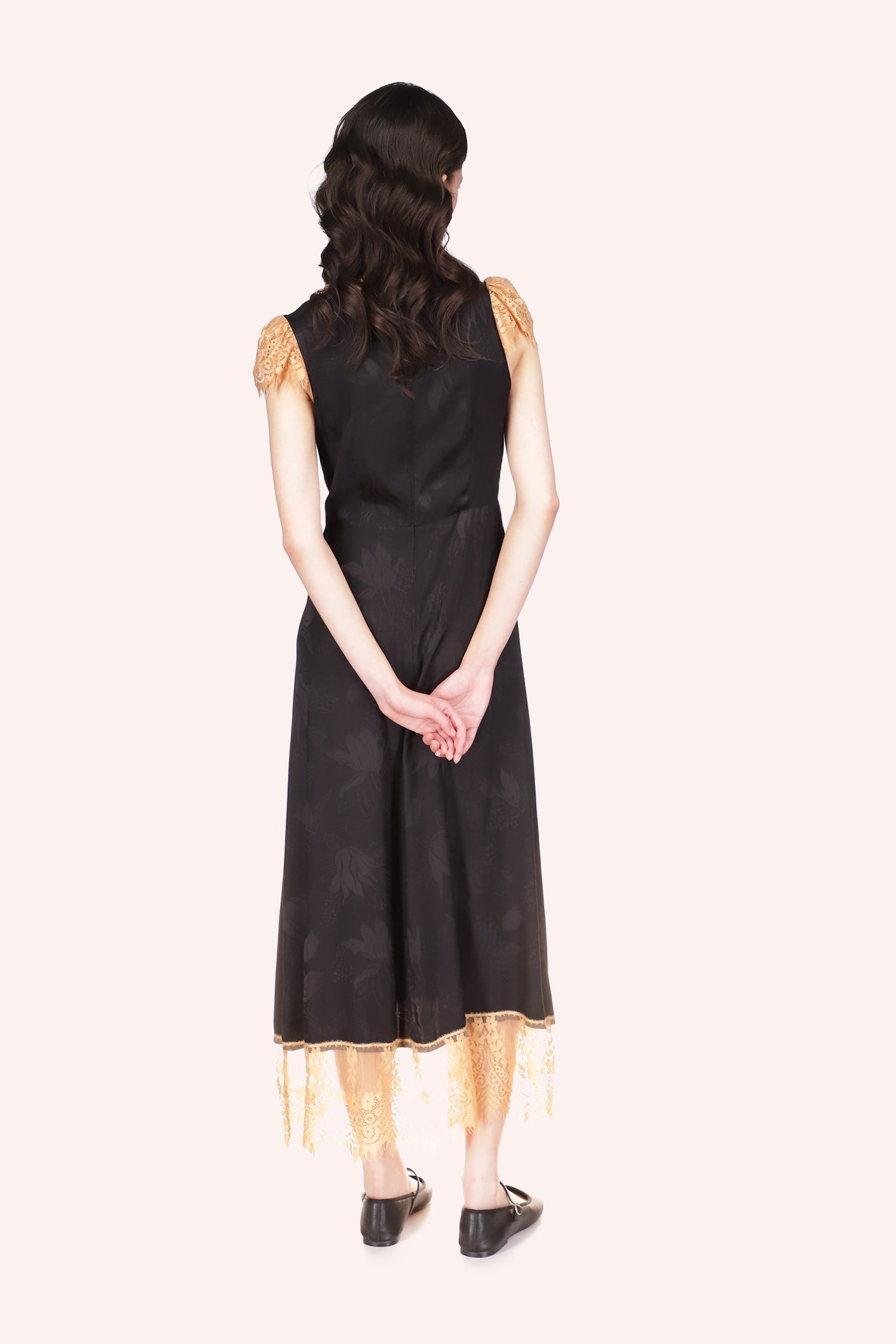Floral Jacquard Long Sleeve Dress Black, slightly lighter dark floral design on the dark background