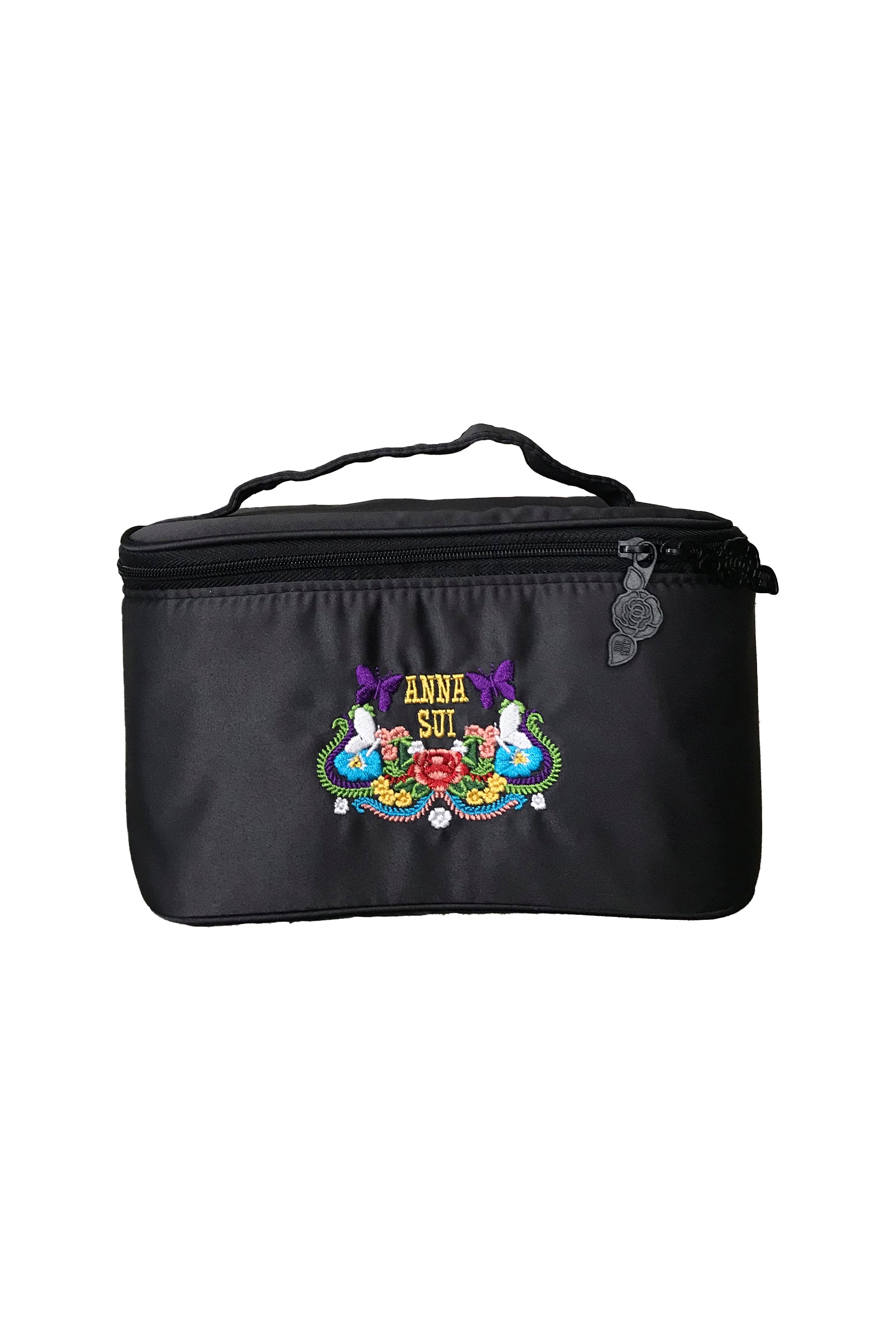 Black Anna Sui Vanity Pouch - with zipper, rose for unzipping, labeled and adorned with Anna Label, butterflies and flowers