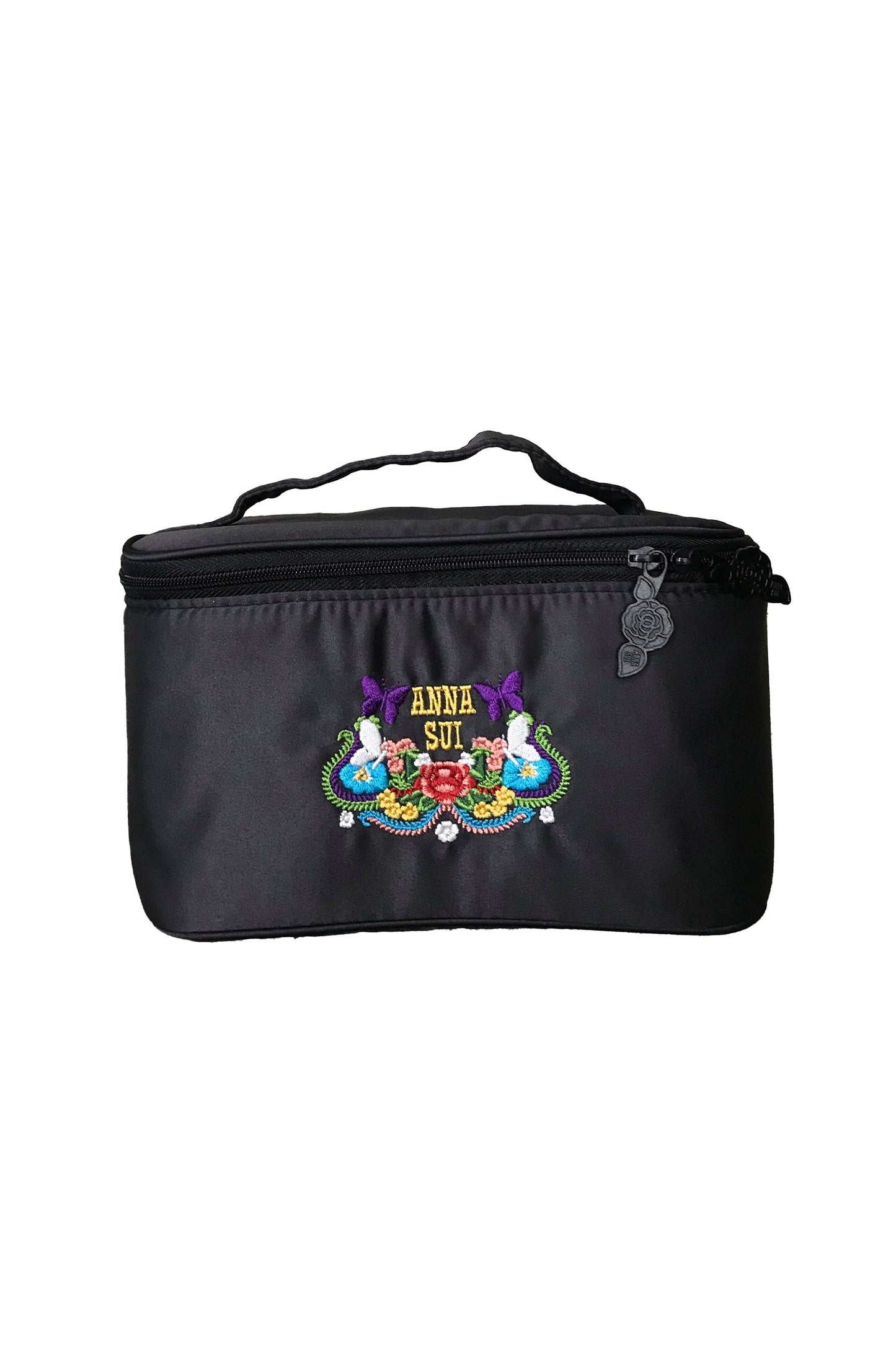 Black Vanity Pouch, rose for unzipping, labeled & adorned with Anna Label, butterflies and flowers