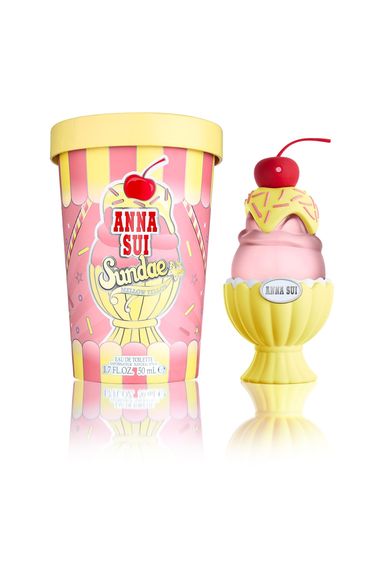 In a Yellow bottle with a shell design, pink ice cream-shaped, cherry cap, packaged in popcorn box