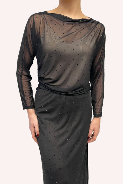 Rhinestone Mesh Gathered Top