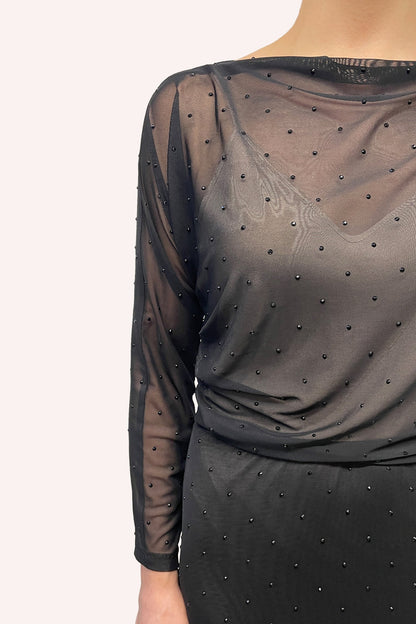 Rhinestone Mesh Gathered Top