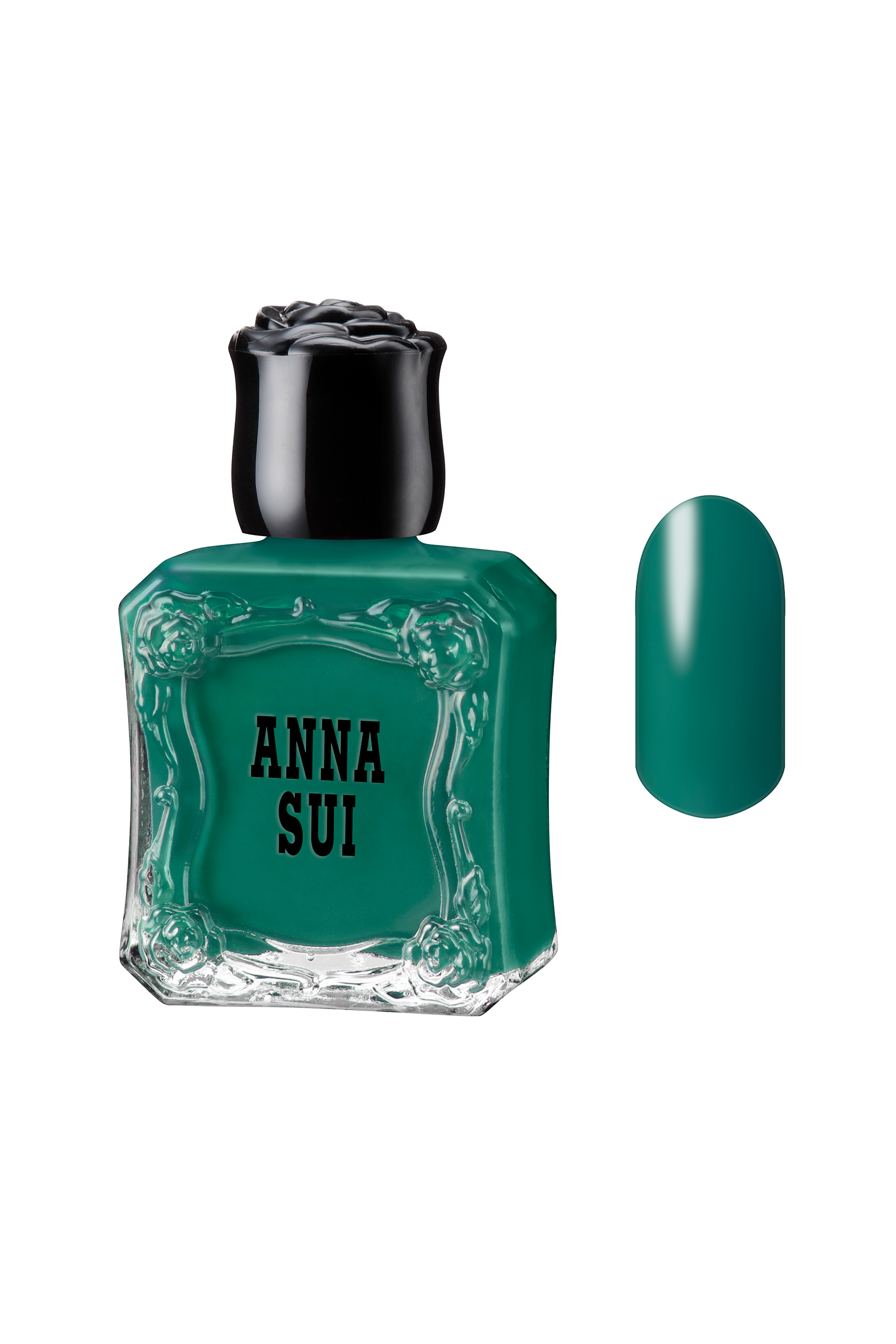 SEAFOAM GREEN: Glass bottles with a rose on the black cap are styled like Anna Sui perfume with a rounded brush