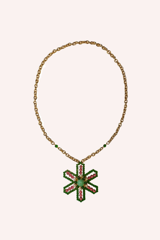 Star shaped, 6-branches of green beads, 1-green bead, surrounded by dark green beads at center