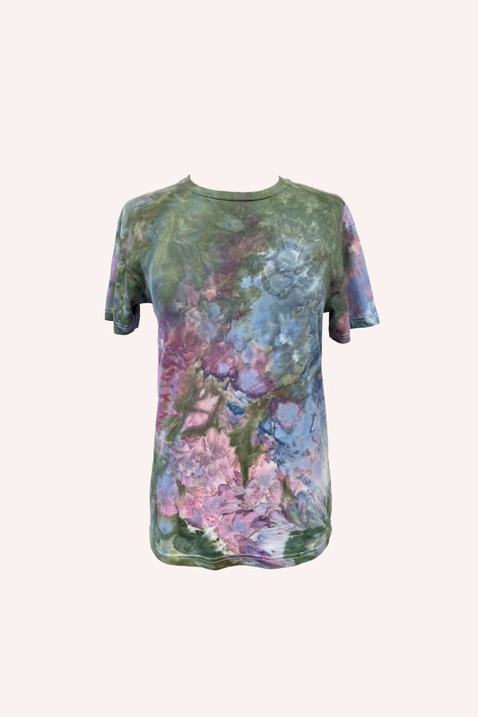 Ocean Multi T Shirt, round collar, short sleeves, Monet like floral design in green, blue, pink