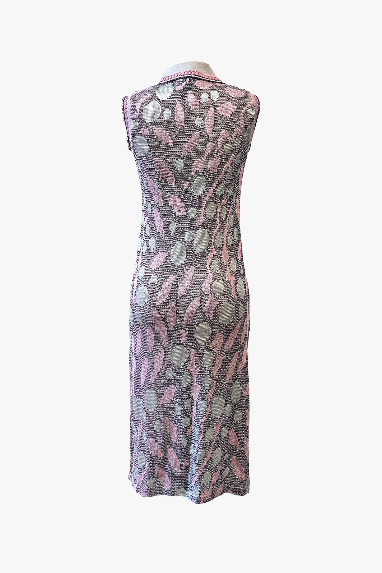 Opalescent Knit Dress, flap collar, long, sleeveless, with floral design pink/green on navy