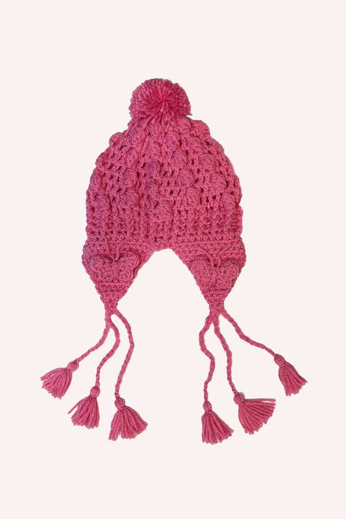 Crochet rose rounded-shape hat medium stitches, ear flaps butterfly-shaped  3 strings on each side, and bobbles at the ends 