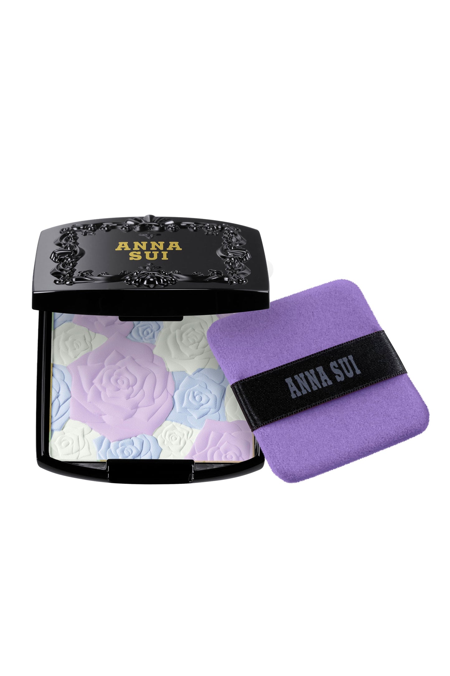 Anna Sui Rose Pressed colored Powder black box with floral design and gold AS label, purple pad