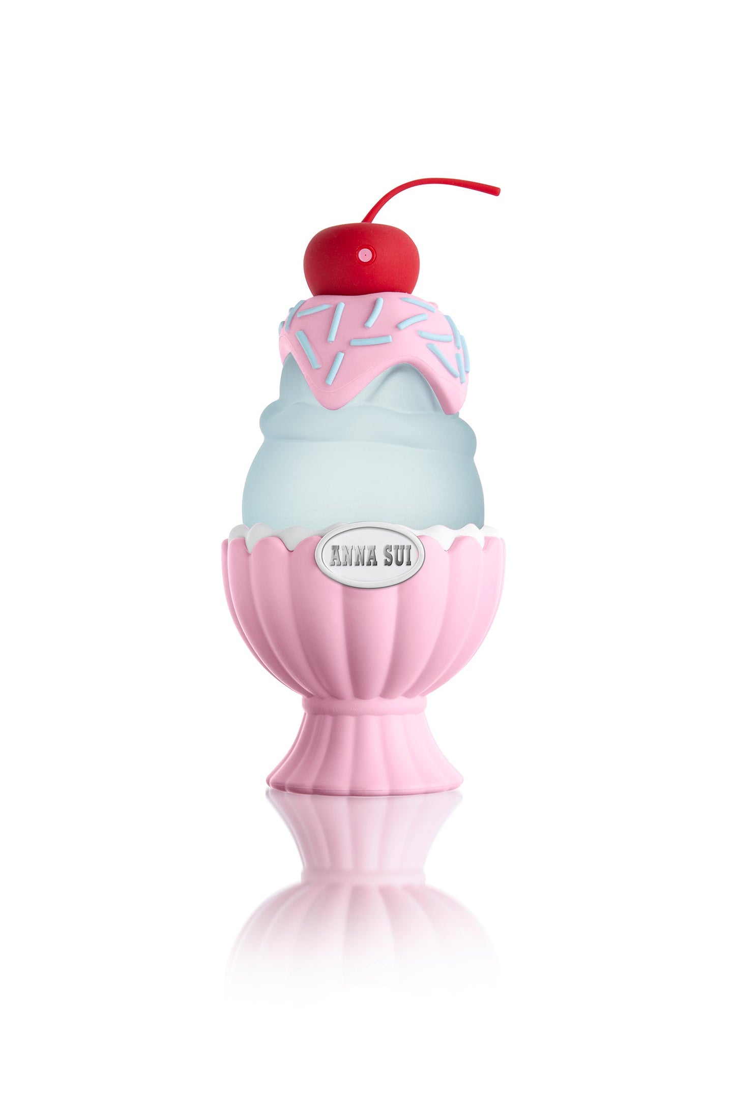 它裝在一個聖代粉紅色瓶子里，底部有一個貝殼，藍色霜淇淋在上面有一個櫻桃
