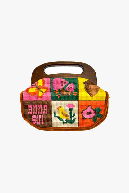 Needlepoint and Velveteen Purse, cinnamon color with floral design squares, one for AS logo