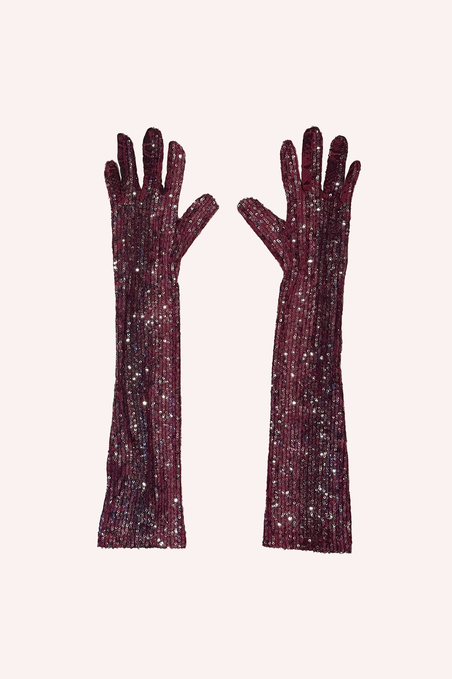 The Snakeskin Sequin Gloves in Ruby are a pair of shiny, elbow-length gloves in a ruby red color
