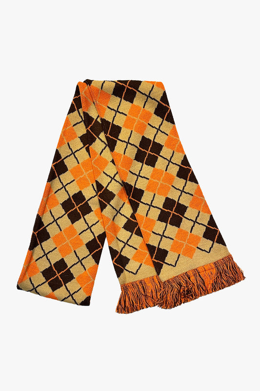 Argyle Long Jacquard Scarf Marmalade pattern of orange, yellow, brown squares.