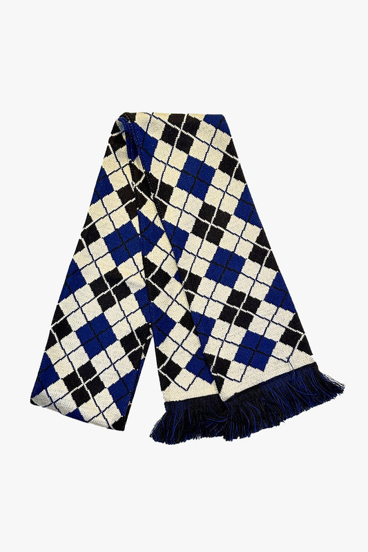 Argyle Long Jacquard Scarf Denim with pattern of denim and beige, squares, with Fringed Muffler