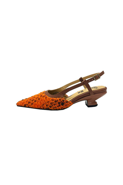 Marmalade Tweed Slingback, brown triangular heel and widens at the bottom for stability