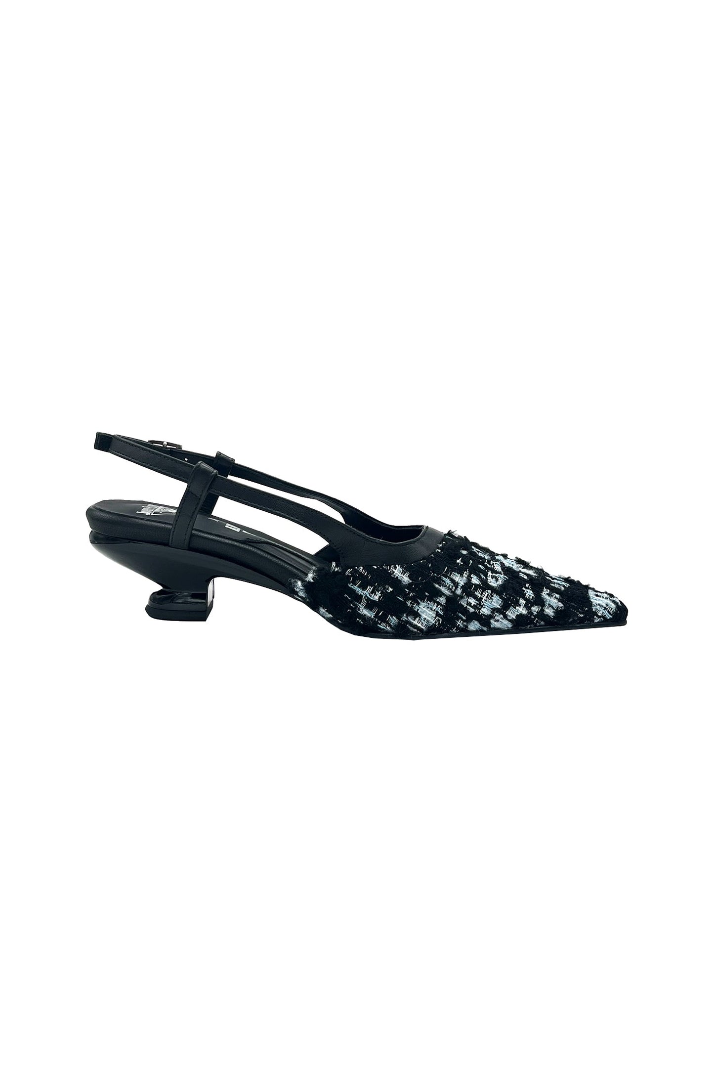 Black & blue Tweed Slingback general style is a very streamlined shoe that is low to the ground