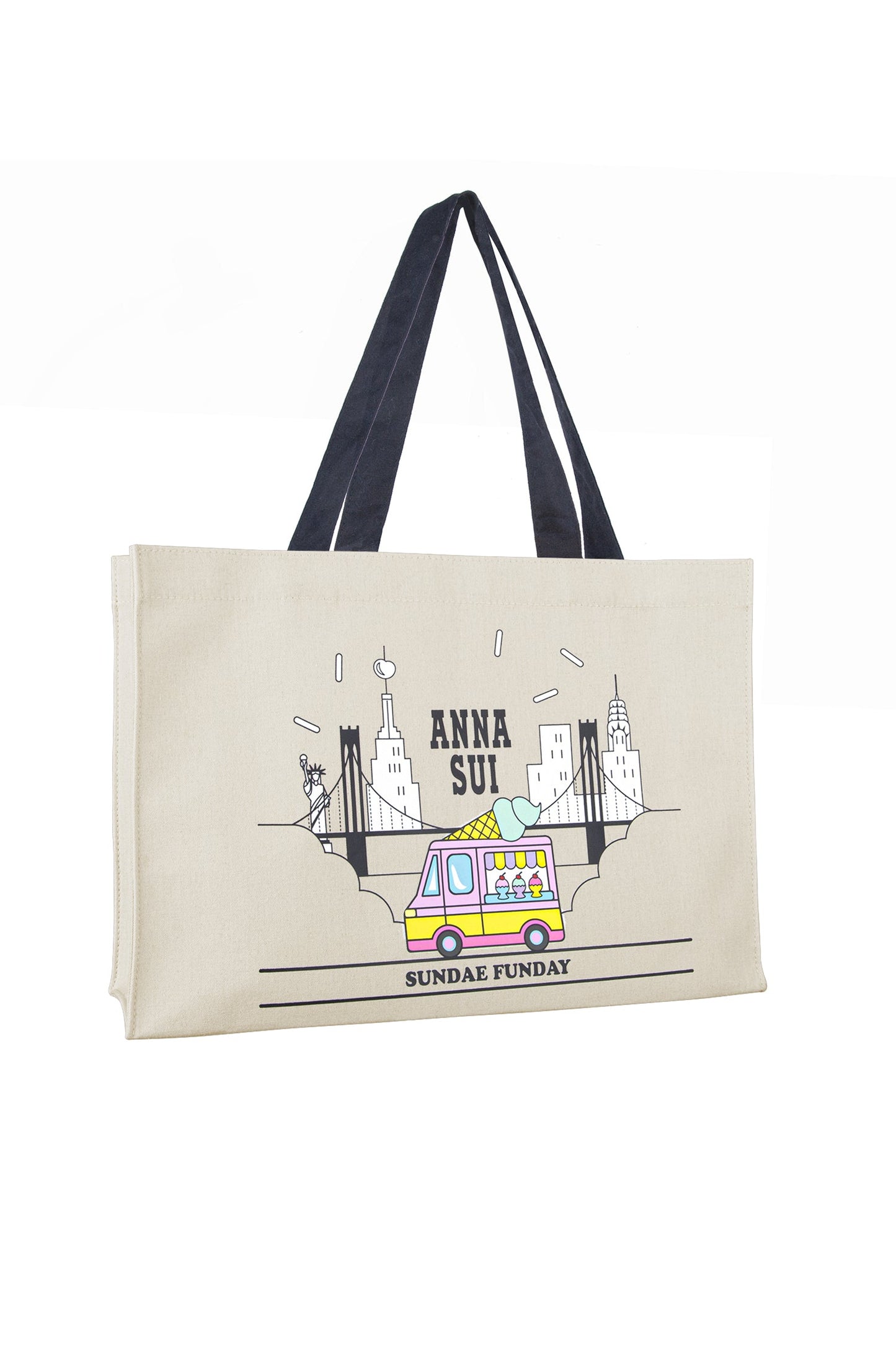 FREE Sundae Funday tote bag, stylized New York bridge, building, ice-cream van, Anna Sui label