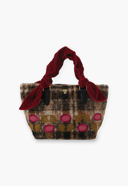 Tote, Daisy motifs on a brown plaid fur print, a playful sophistication perfect for any occasion