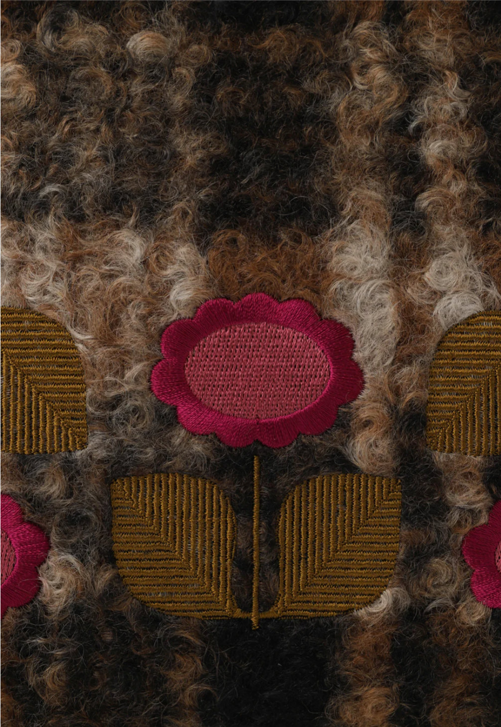 Detail of the red and pink Daisy motif is overlaid on a brown plaid fur print