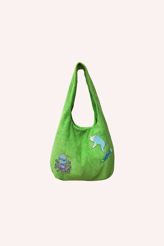 Terrycloth Patched Tote, green with print of sea creatures poulp and fish, Anna Sui label