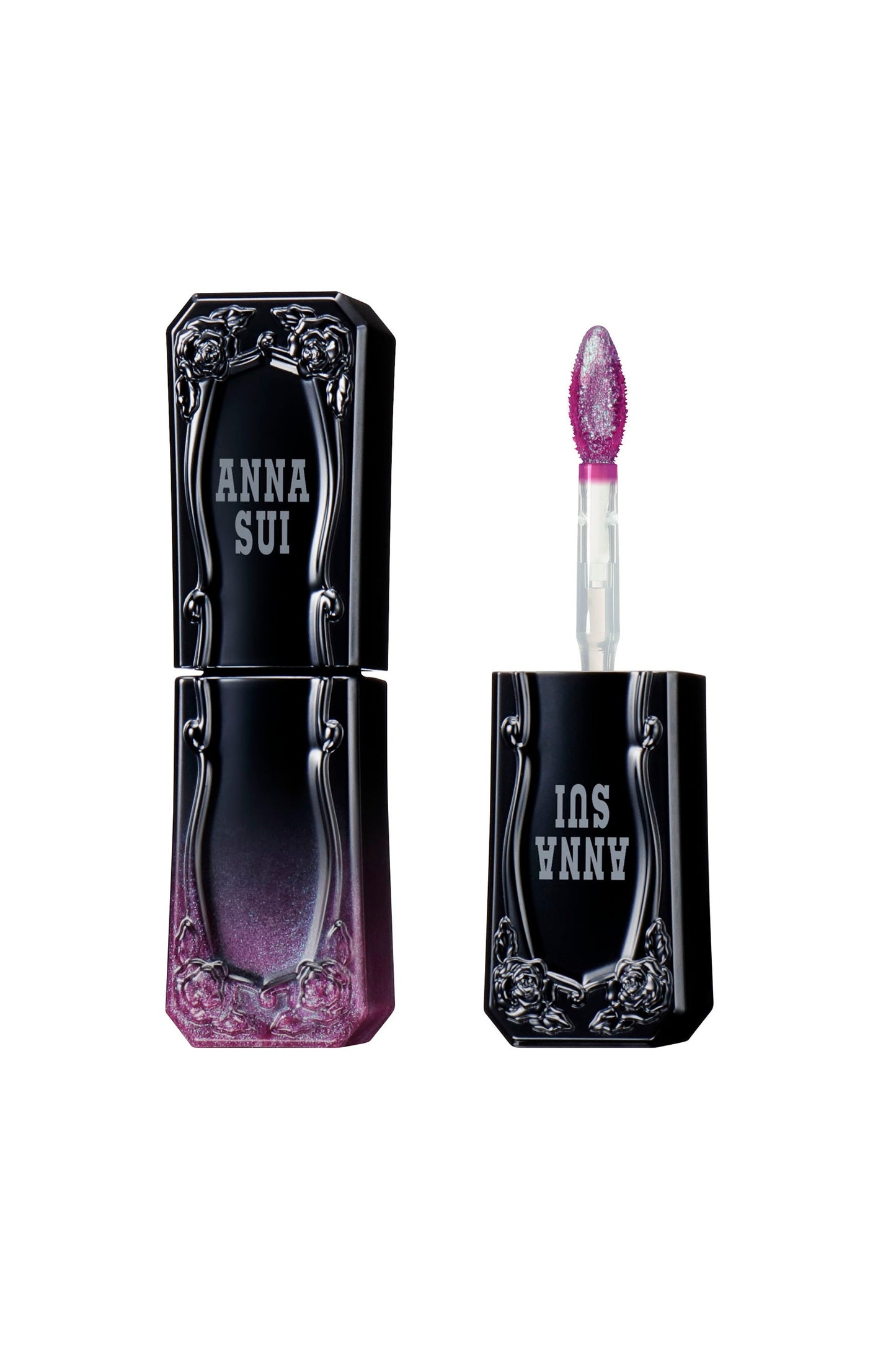 Limited-edition lip tint black high container lilac pearl bottom and a floral design in each corner