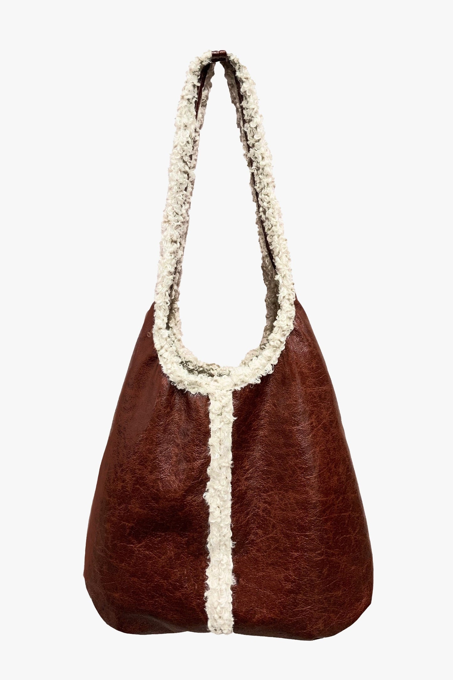 Tobacco Faux Leather with Curly Lamb Trim Hobo Bag