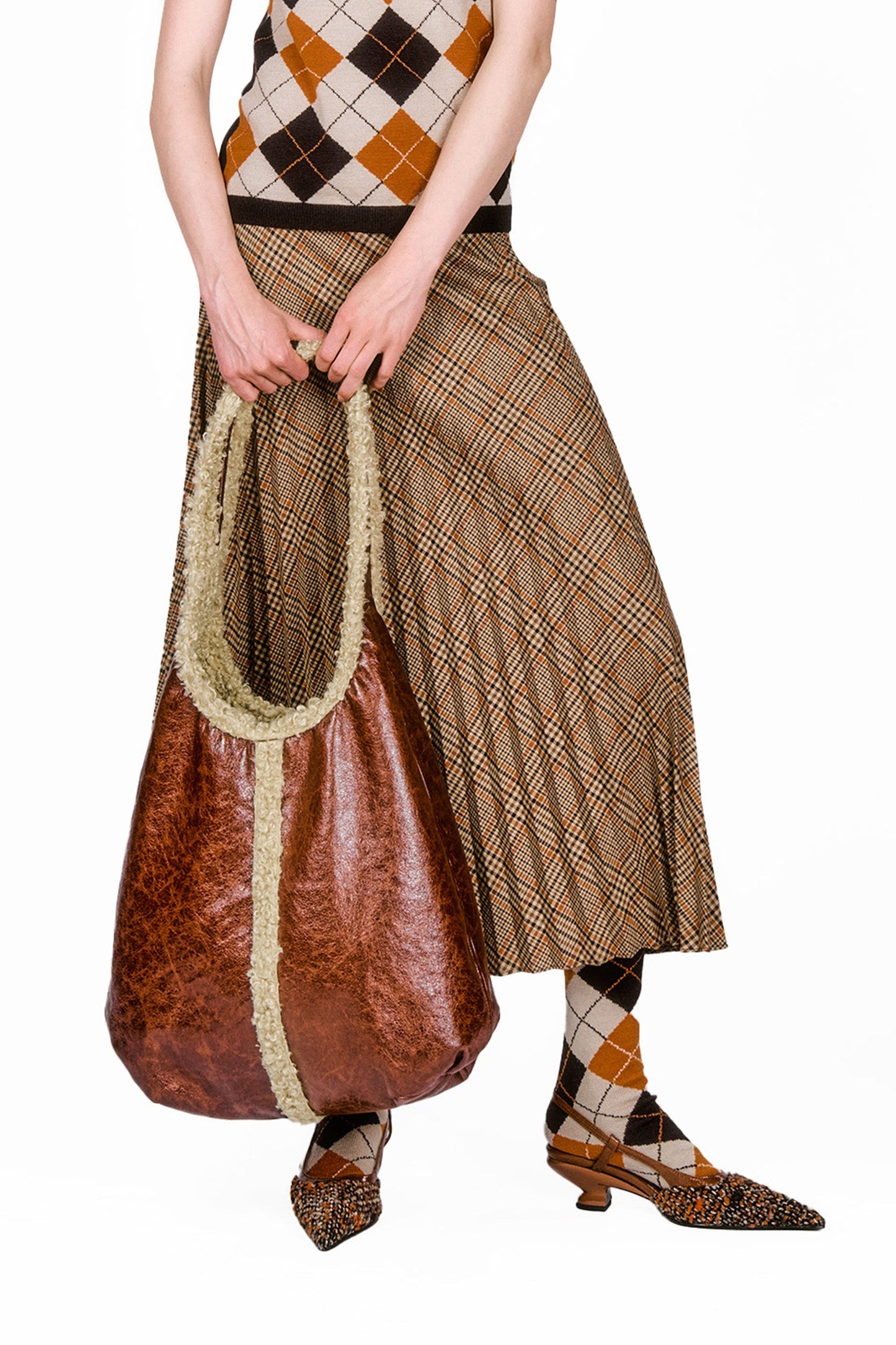 Tobacco Faux Leather with Curly Lamb Trim Hobo Bag, size: from your hands goes to ankles