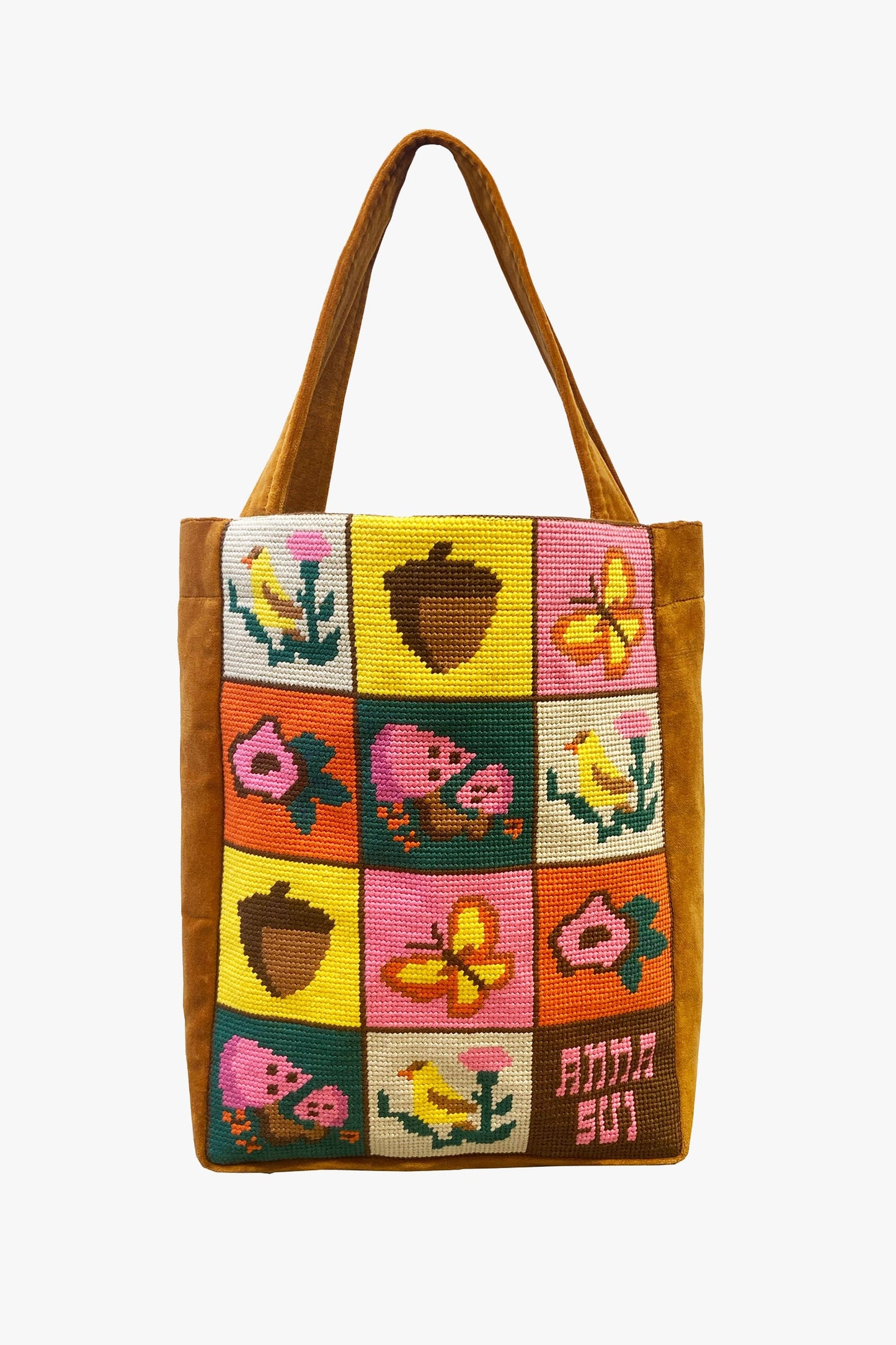 Needlepoint and Velveteen Tote Bag, cinnamon color with floral design square, one for AS logo