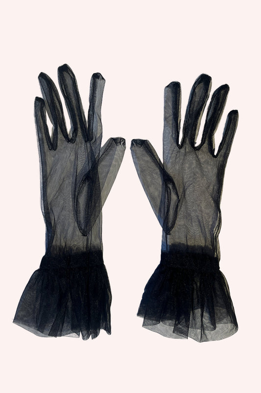 Tulle Gloves Black, transparent, with ruffle effect on wrist