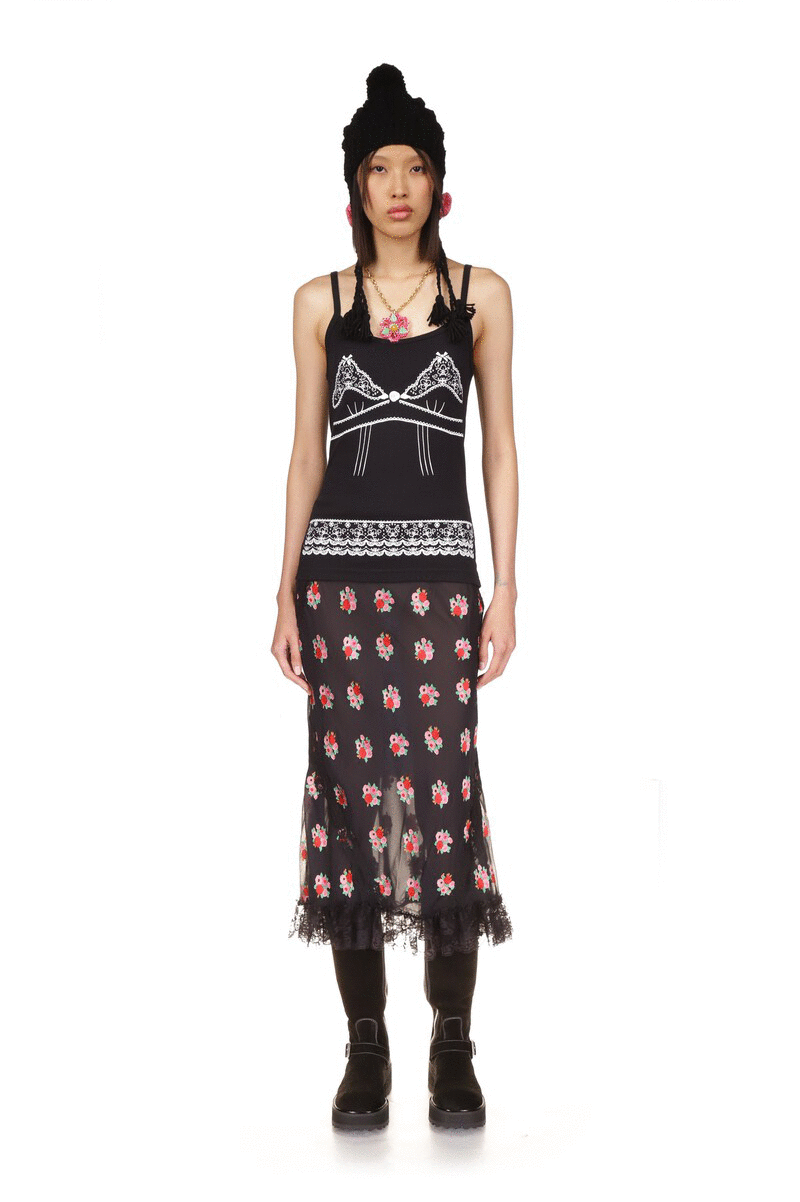 Lingerie Printed Tank Top in Black is a sleeveless top with a lace strap over the shoulders