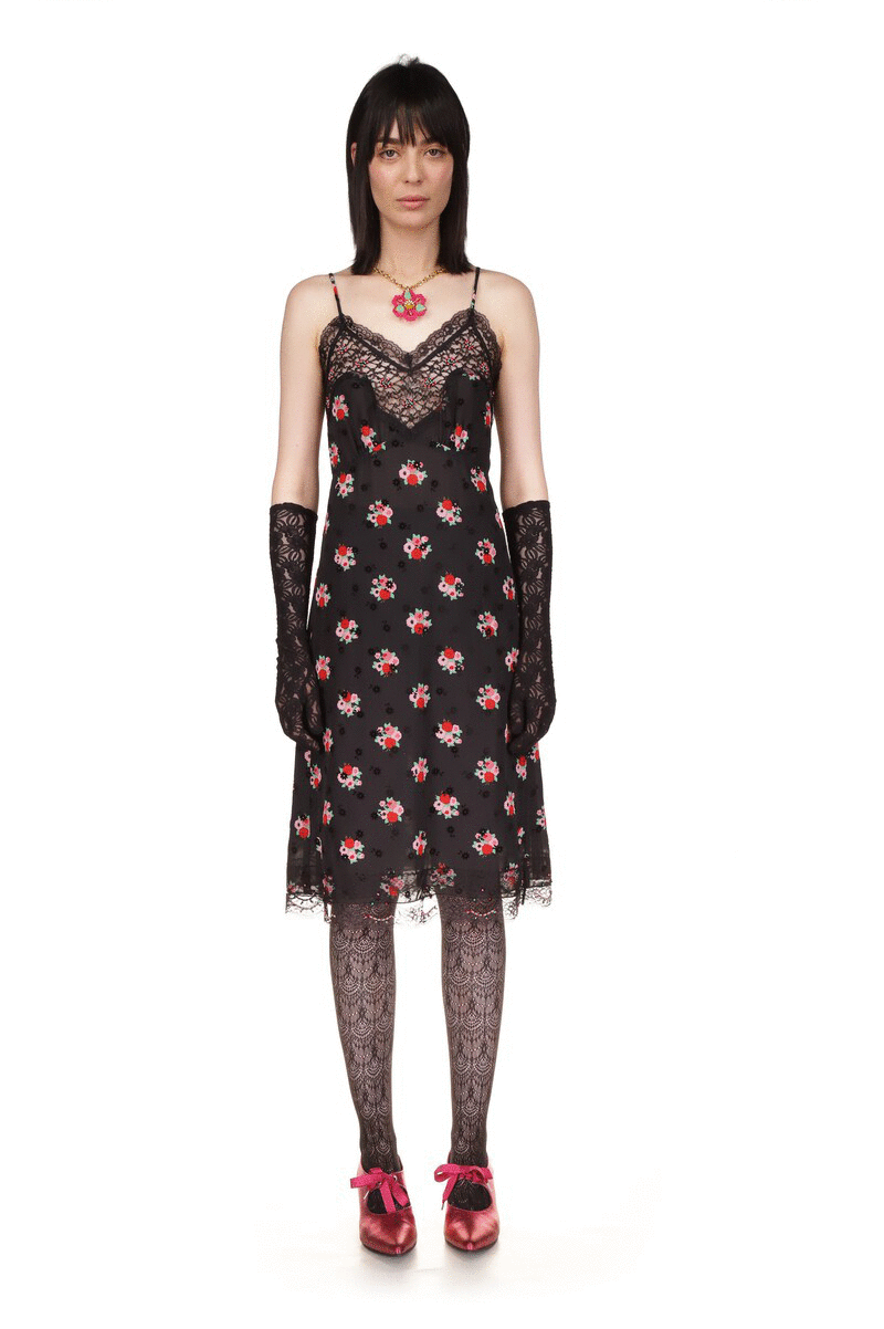 Rosie Posie pattern dress, V-shape, black lace collar & bottom, sleeveless, 2-straps, back zipper