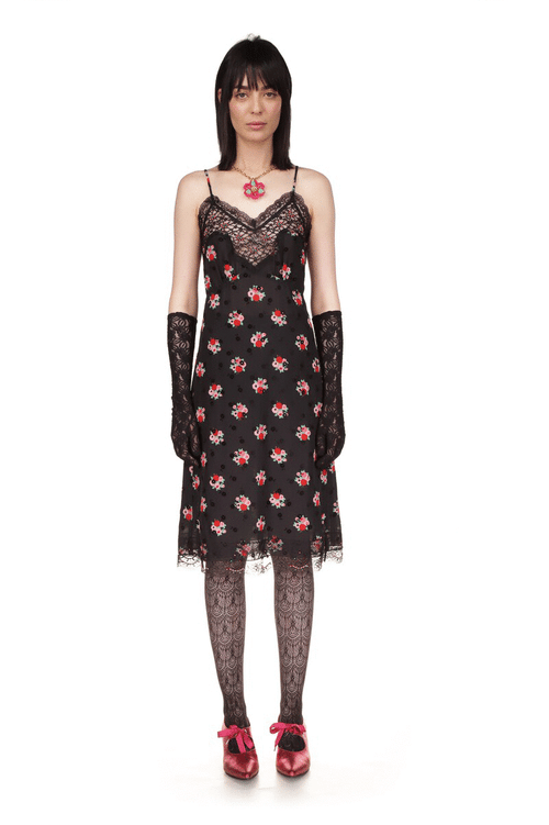 Anna Sui ): Black Dress, Rosie Posie pattern, V-shape, black lace at collar and bottom, sleeveless, 2-straps, zip on the back 