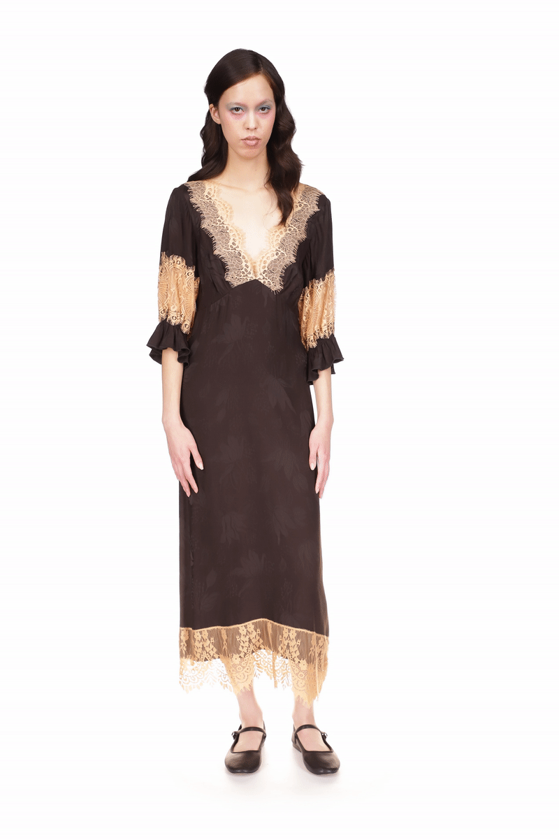 Long Sleeve Dress Black, deep V-cut collar front and back, beige lace at all hems and mid-arm