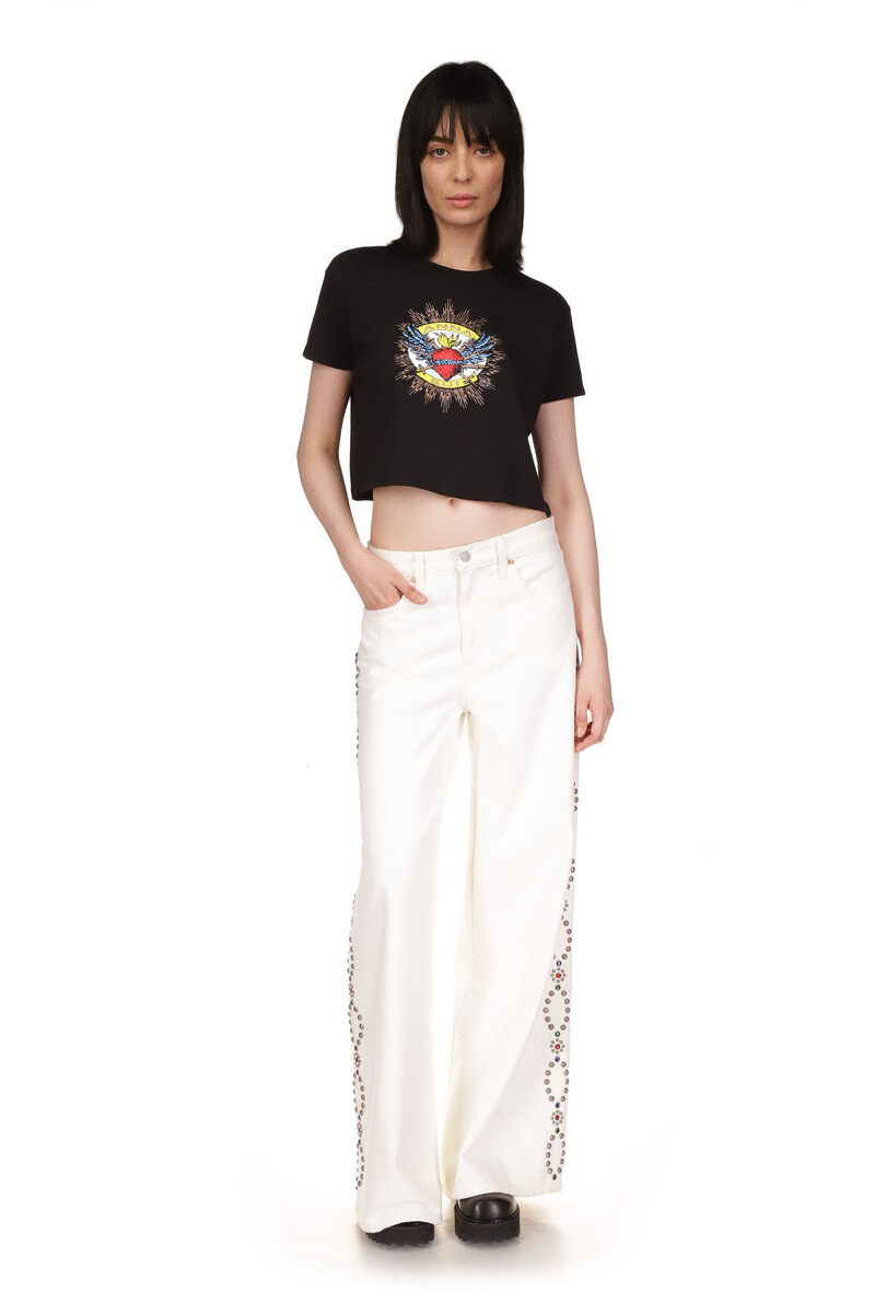 Anna Sui's Sacred Heart Cropped T-Shirt in Black Multi is a short-sleeved t-shirt, which ends above the belly button