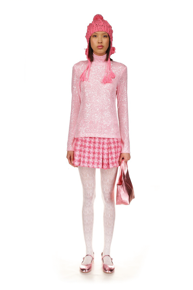 Sequin Mesh Turtleneck Baby Pink, long sleeves, and turtleneck collar accentuates the neckline, hips long, zipper on the back. 